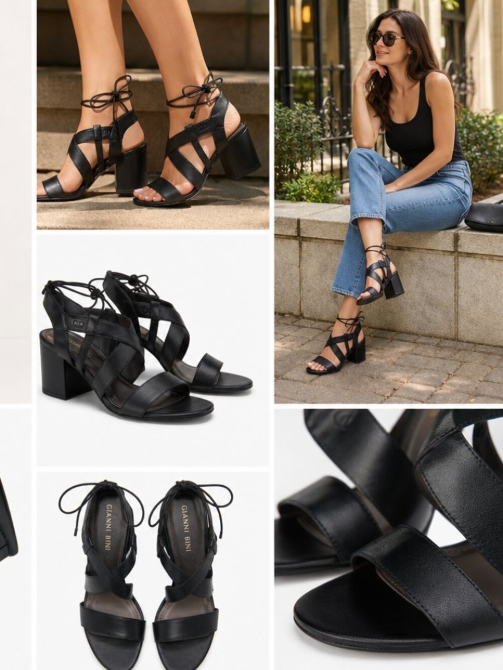 Gianni Bini Black Lace‑Up Block Heel Sandals • Size 7 • 4” Heel • with Ankle tie